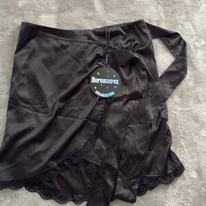 🖤 Horoscopez Black Satin Wrap Mini Skirt with Lace Trim – Size S